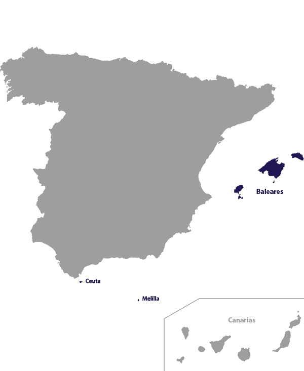 Landkaart Spanje grijs met eilanden de Balearen, Ceuta en Melilla donkerblauw op transparante achtergrond - 600 * 733 pixels